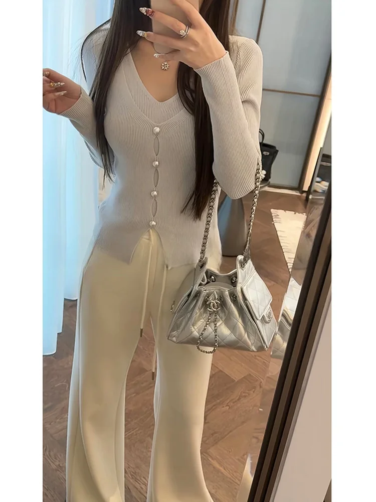 

Вязаный свитер Mimius V-Ne для женщин, облегающий, модный, с лоскутным дизайном, универсальный, синий, с декоративными вставками, зимний топ