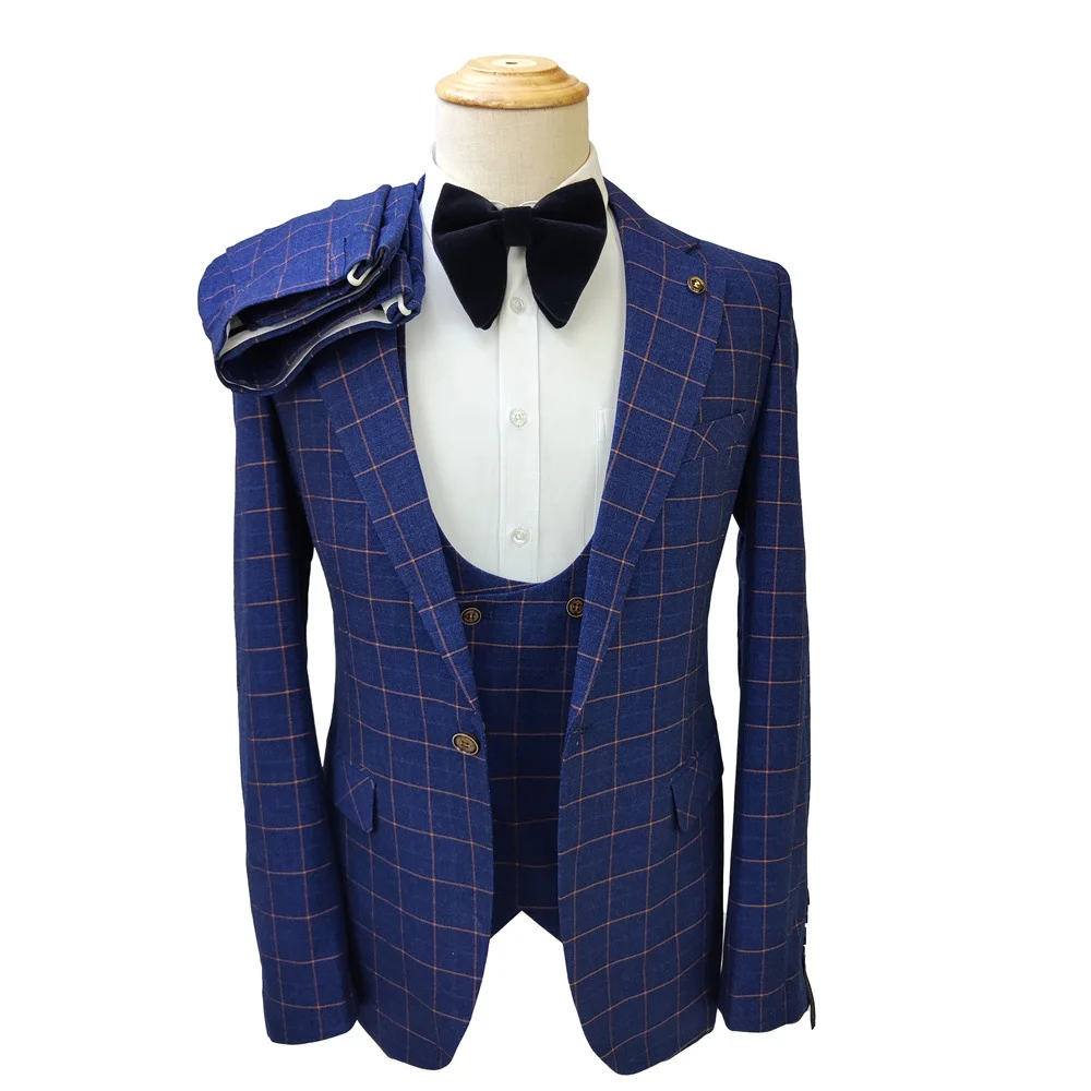 Blue Plaid Suit For Men 3-piece High-Quality Elegant Groomsmen Suit For Men Wedding Men's Business Suit Casual Performance Suit