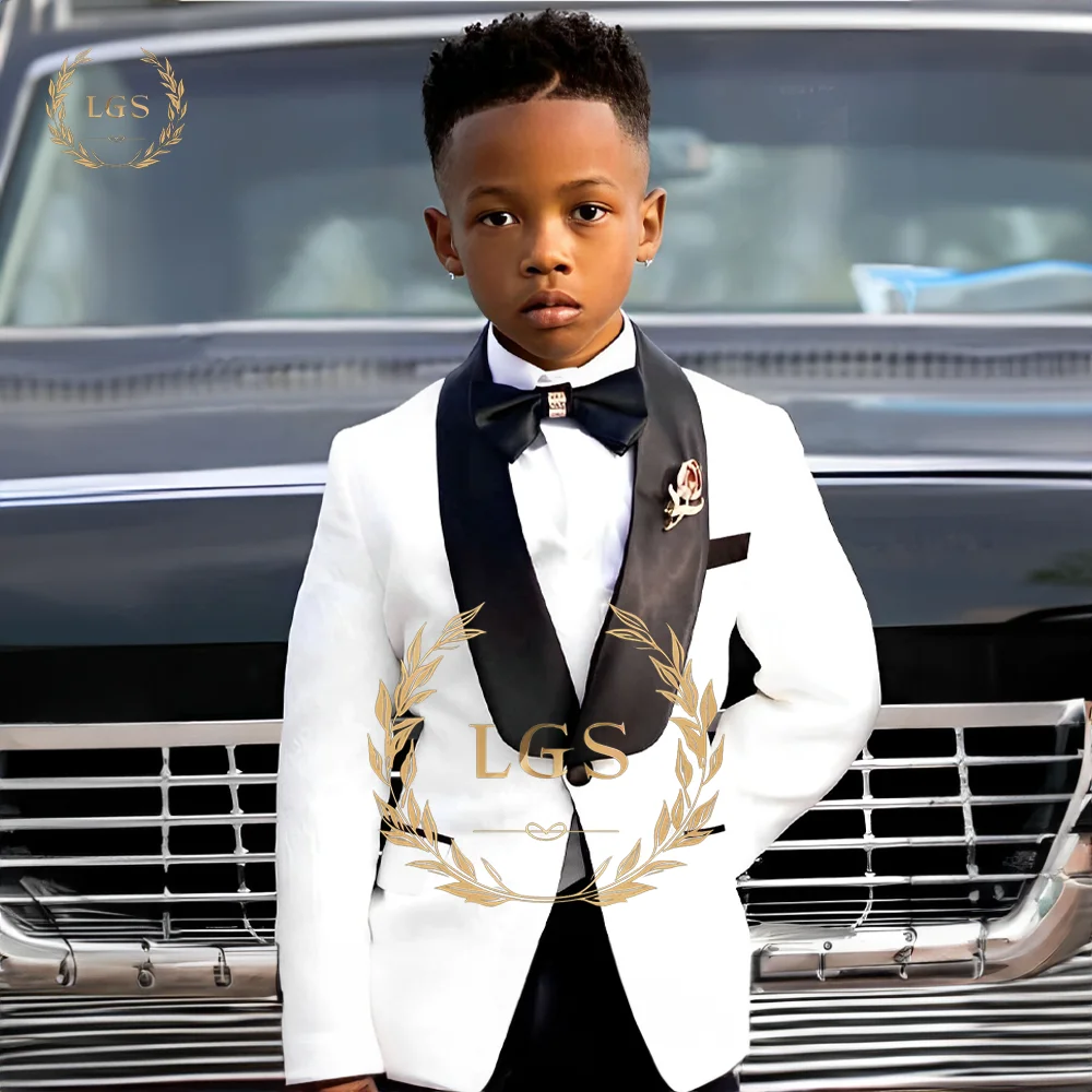 Boy's 2-piece wedding suit (white jacquard jacket and black trousers) suitable for children aged 2 to 16 years old