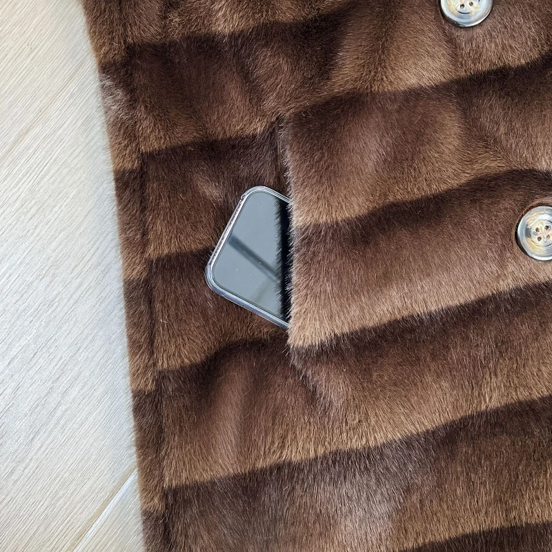 Colletto dentellato casual Gilet lunghi in pelliccia sintetica a righe caffè Giacche pelose in finto coniglio Cappotto soffice in peluche doppiopetto Cappotti caldi