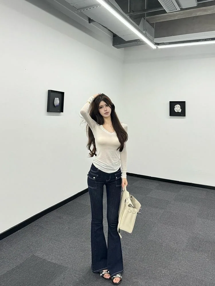 

High Waist Slimming Denim Jeans Women's plus Size Hip Enhancing Deep Blue Stitching Design Sensation Butt Lifting Long Trousers