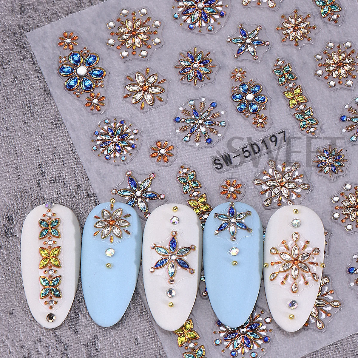 2 Stück Luxus Edelsteine 5D geprägte Nagelaufkleber Schneeflocke Blume Liebe Herz selbstklebende Abziehbilder Winter Retro Charms Sliders Maniküre Tipps – Detail 6