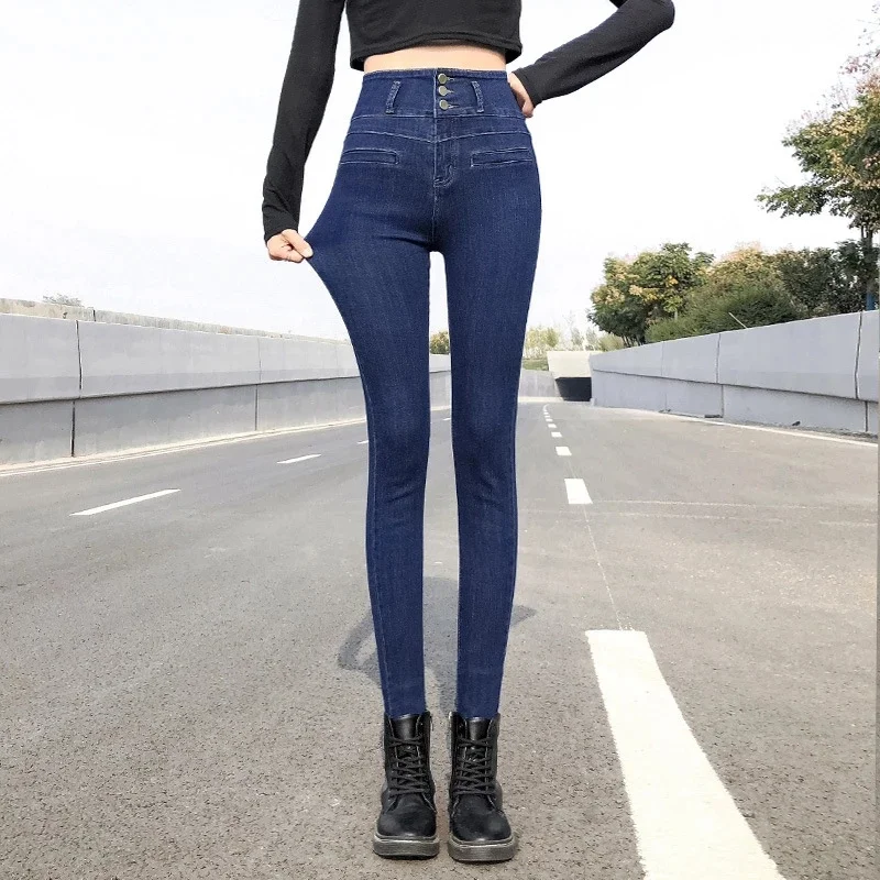 Jean taille haute Sexy pour femmes, pantalon crayon, rétro, bleu, noir, épais, élastique, Denim, nouvelle collection printemps automne 2023