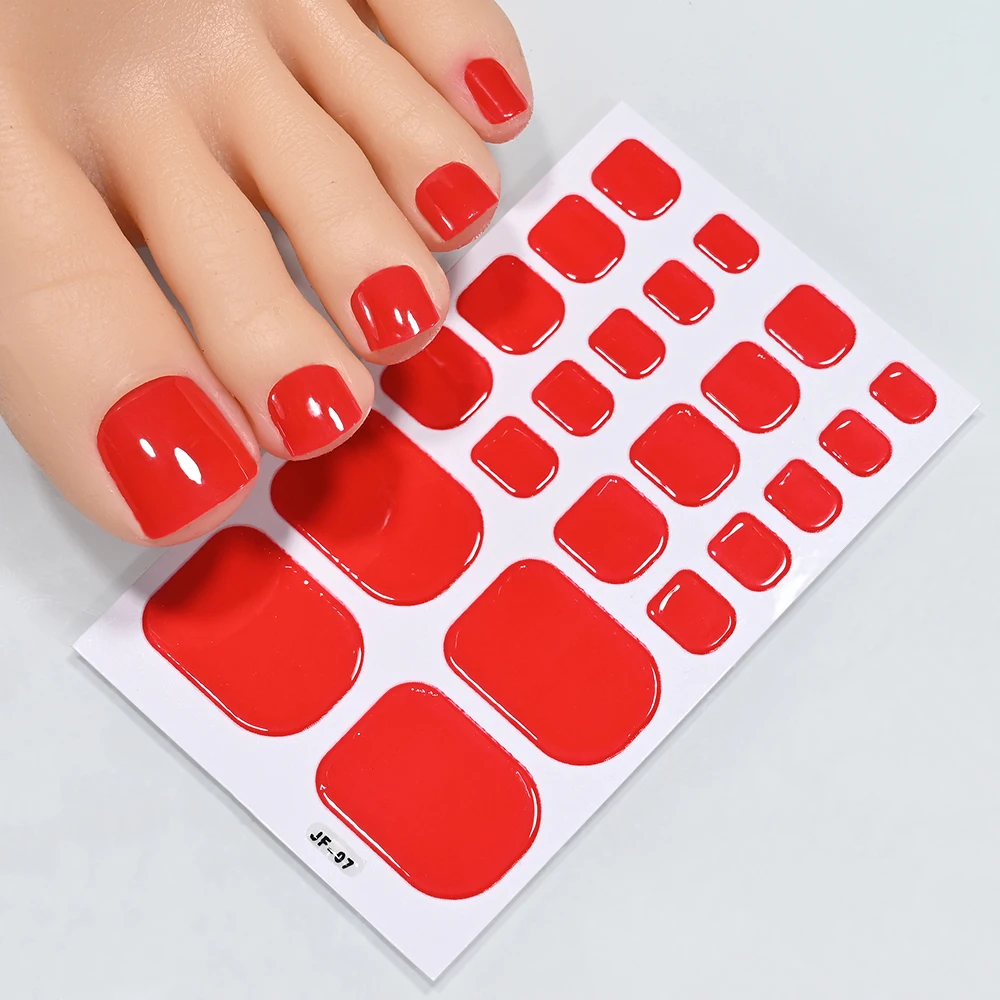22Tips Red Christmas Baking Free Toenail Sticker Glossy Solid Color Self-adhesive Toe Nail Strips Festival Full Cover Foot Wraps