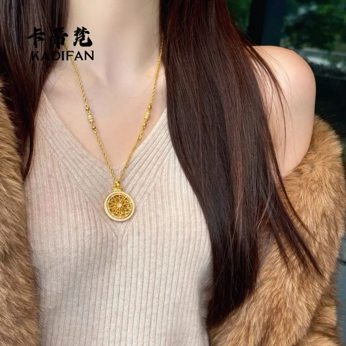

Gold shop 24K real gold point diamond lucky pendant rotatable disc necklace for women au9999 pure gold jewelry