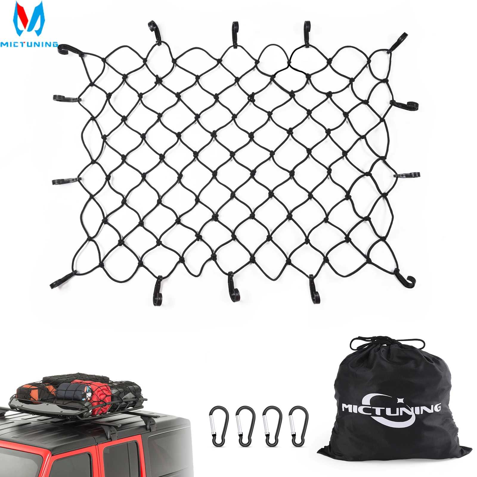 

MICTUNING Mesh Cargo Nets Heavy Duty Bungee Cord Net stretches up, With 14pcs ABS Hooks 4pcs D Carabiner and Metal Carabiners