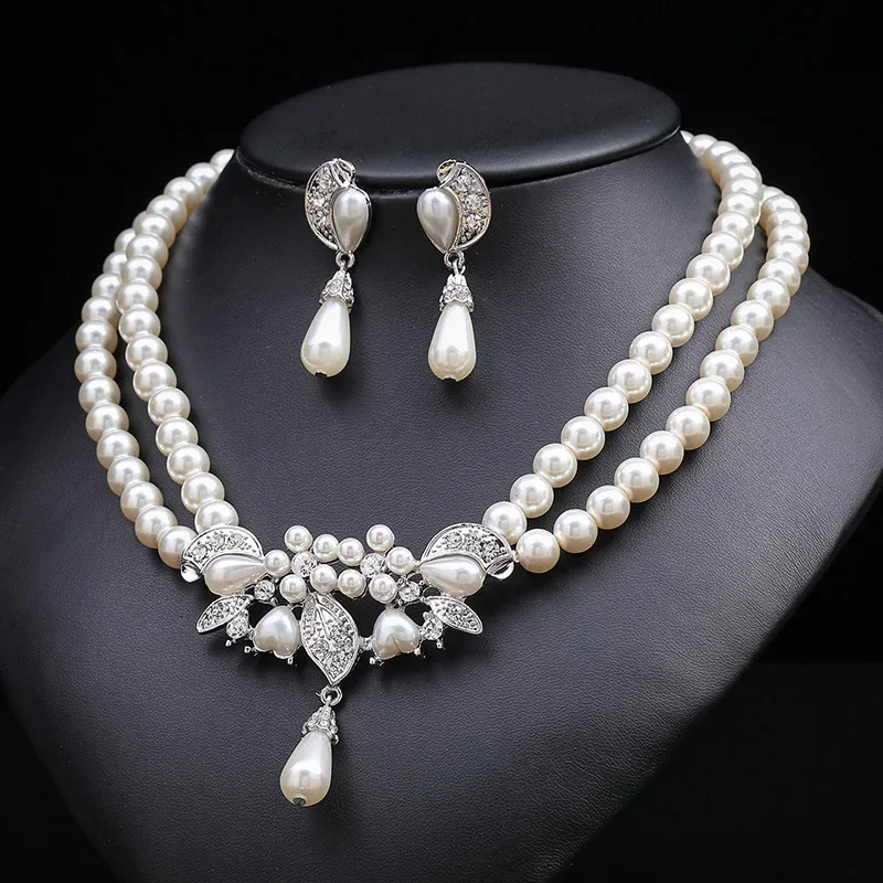 진주 꽃 목걸이 귀걸이 세트 여성을위한 우아한 라인 석 쥬얼리 세트 결혼식 날짜 파티 휴일