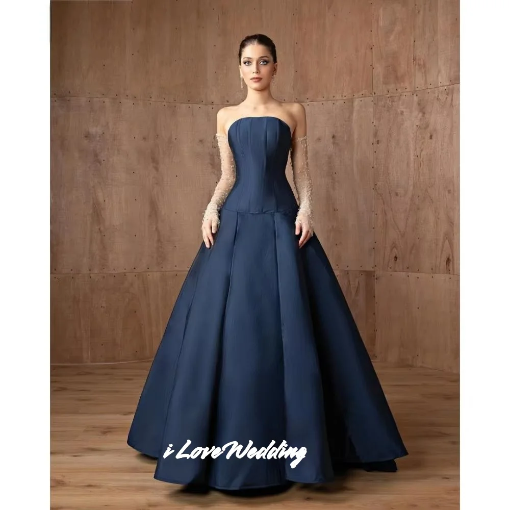 

Navy Blue Strapless Evening Dresses 2025 Glovesless Backless A-Line Pleated Sweep Train Floor-Length Party Dresses Customized