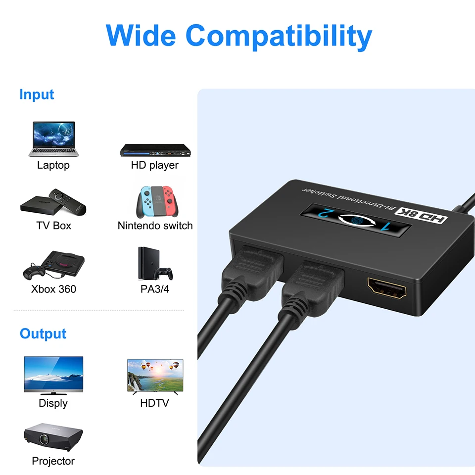 Commutateur HDMI bidirectionnel à 2 ports, répartiteur, prend en charge HD, 4K, 1080P, 3D, HDR, HDCP, PS4, Xbox, HDTV, 1x2, 2x1