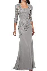 New Chiffon Lace Mother of the Bride Dresses with Jacket Applique Three Quarter Long Sleeves Mermaid Mother's Evening Gowns 2021