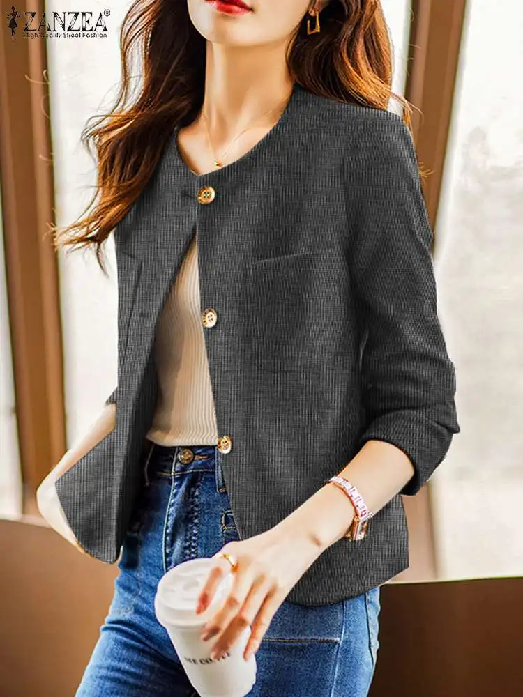 ZANZEA Women Fashion Solid Blazer Women O Neck Long Sleeve Jackets Autumn Casual Coats Suits Outwear Vintage Office Shirt 2023