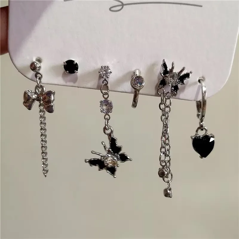 6PCS Set Goth Black Crystal Star Black Butterfly Dangle Earring For Women Girl Vintage Aesthetic Trendy Y2K Jewelry Accessories