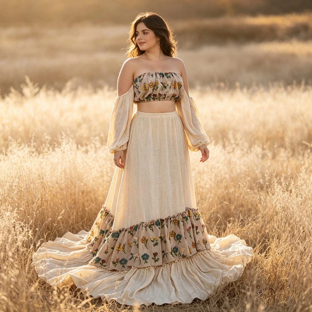 

Elegant Floral Maternity Set for Photo Shoot Pregnant Women Outfits Photography Props Boho Pregnancy Clothing Gown