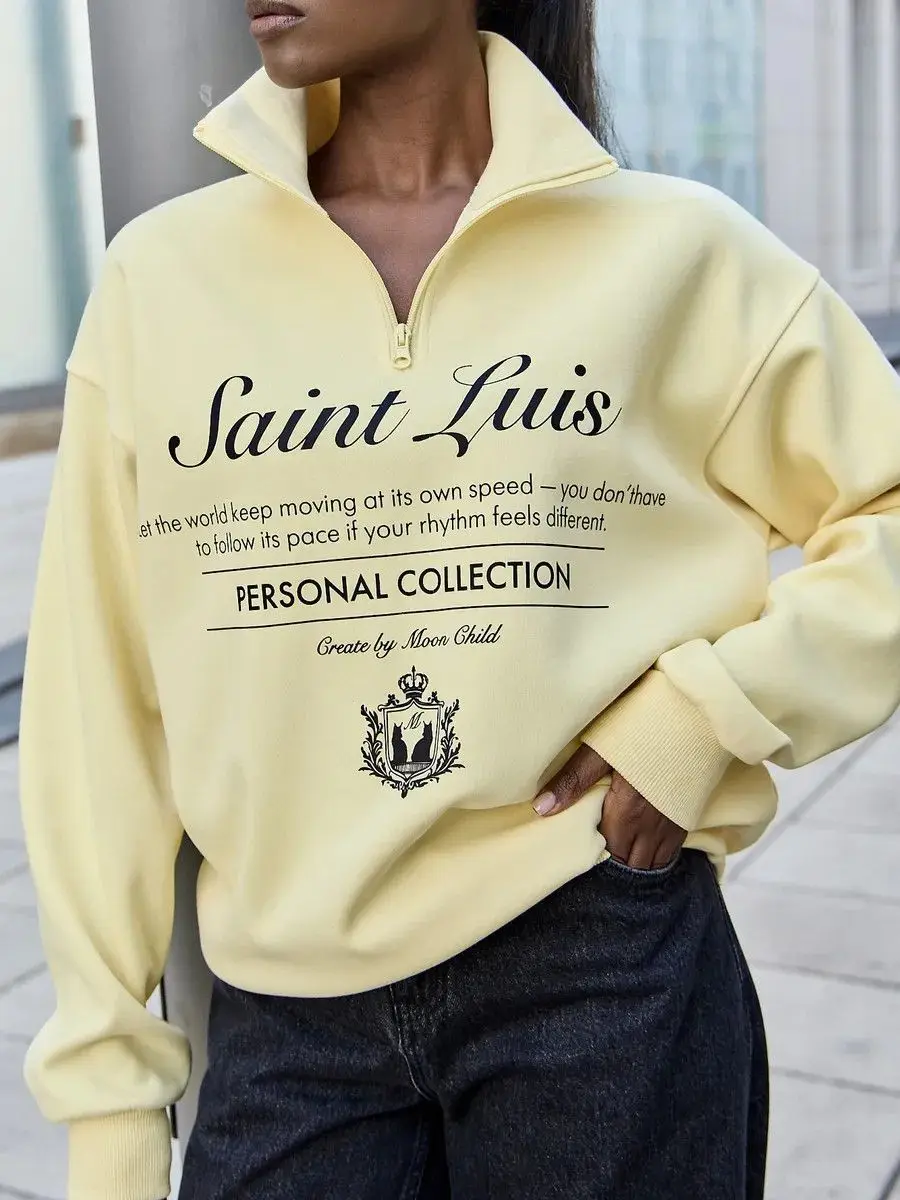 Sport Preppy-style Loose Sweatshirts Zipper Open Stand Collar Hoodie Apricot Retro Letter Print Full Sleeve Y2K Top Sweet Women