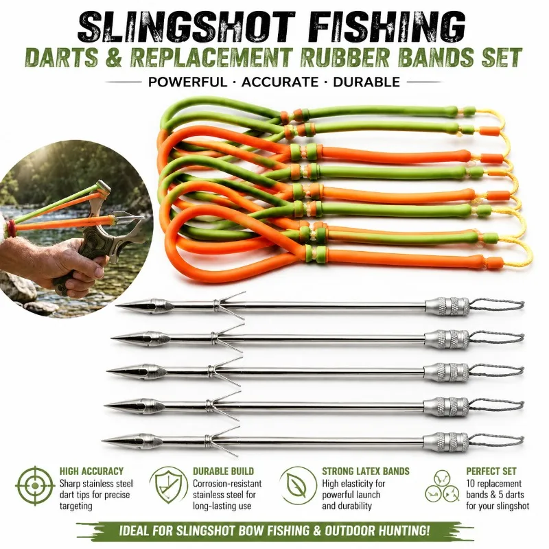 Slingshot Fishing Darts & Replacement Rubber Bands Set - Stainless Steel Fish Arrows with Latex Bands for Slingshot Bow Fishing