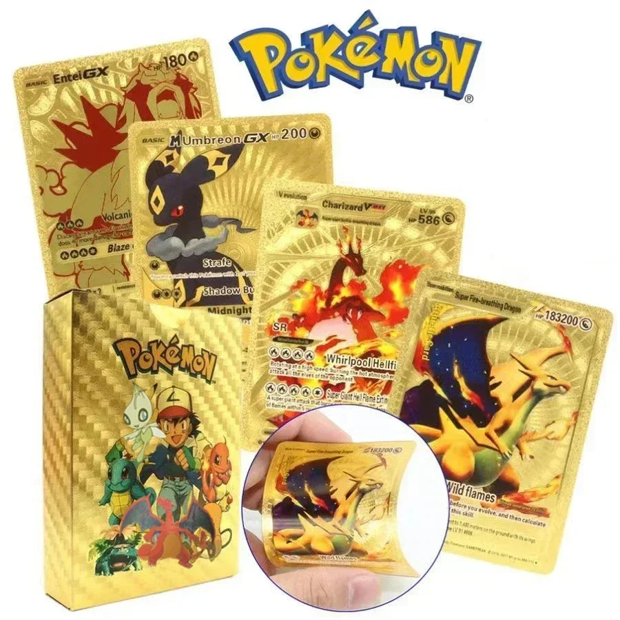 55pcs Pokemon Goldfolie bunte Karte Charizard Pikachu Arceus Silber Regenbogen Spanisch Englisch Französisch Deutsch Vstar Vmax Karte Geschenk