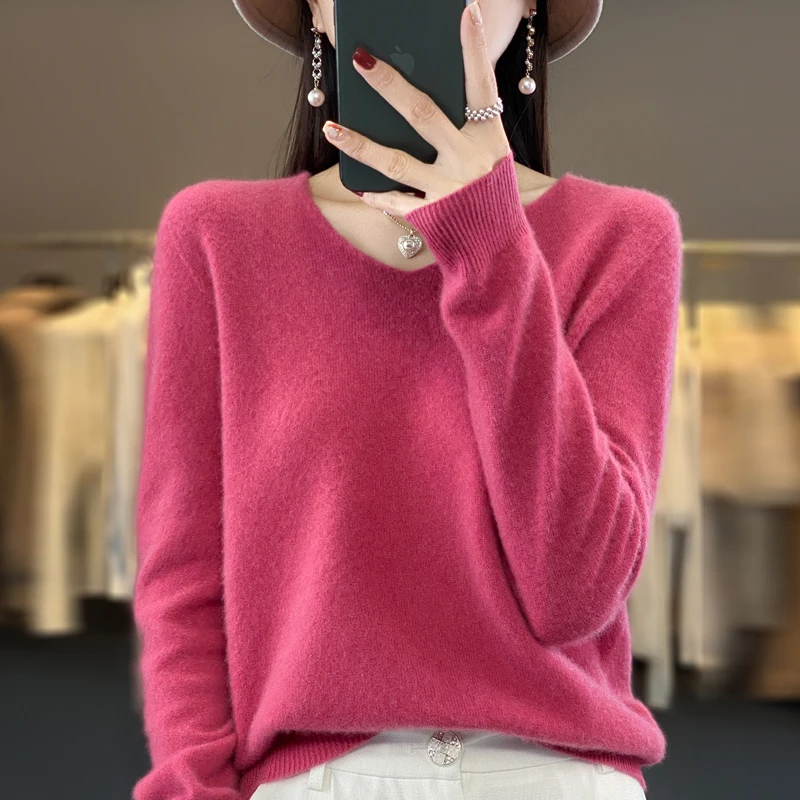 100% Merino Wool Sweater Women V-neck Pullover Autumn /winter Casual Knit Tops Solid Color Regular Female Jacket