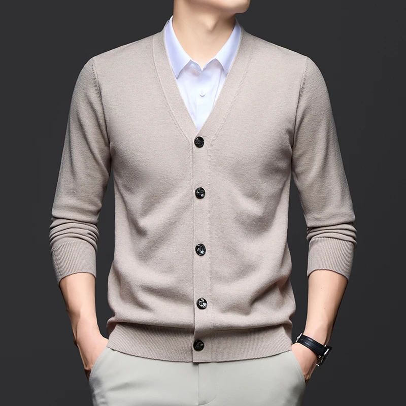 

2025 New Wool Cardigan Men's V-neck Autumn and Winter Warm Middle-aged Men's Knitted Sweater Solid Color Jacket Sweater