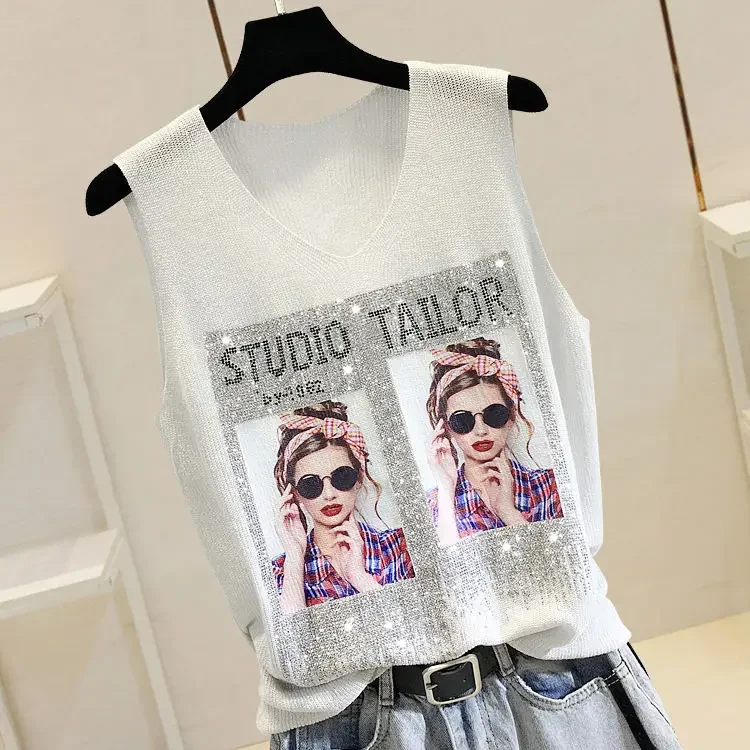 Hot Rhinestone Bright Silk Sleeveless Vest Women's Spring/Summer New Style V-neck Loose All-match Sling Knitted  Top T-shirt