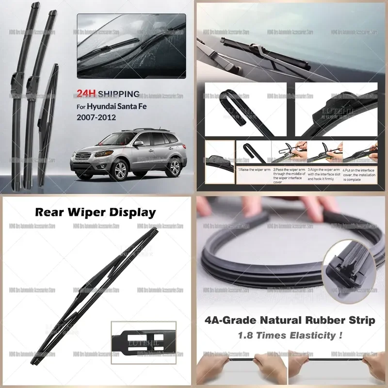 For Hyundai Santa Fe CM 2007-2012 Front Rear Wiper Blades Windshield Window Rubber Refills 24 18 14 Inch Auto Accessories