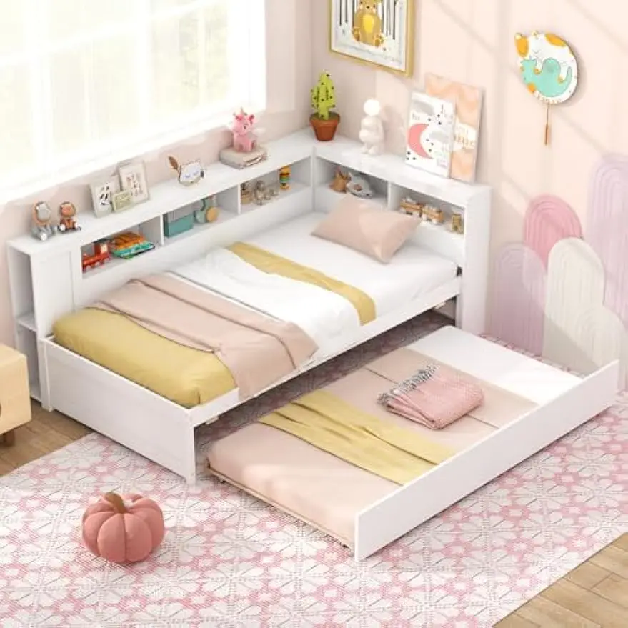 

Twin Daybed with Trundle, Wood Twin Bed Frames with Storage Headboard, Reversible Bookcase, Bedside Shelves & Wooden Slats,