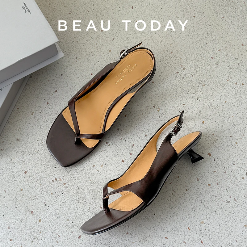 BEAUTODAY Casual Sandals Women Sheepskin Solid Color Square Toe Flip Flop Pumps Back Buckle Strap Ladies Shoes Handmade MS3D037