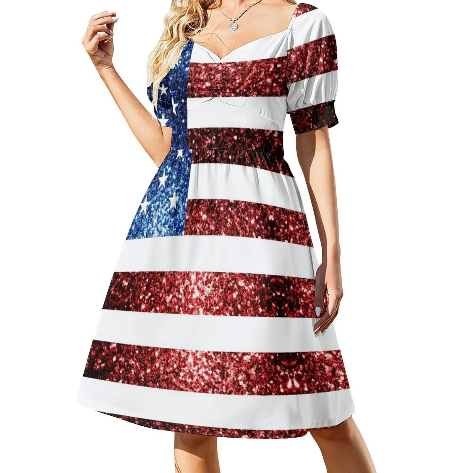 

USA flag red blue faux sparkles glitters Dress Women's summer long dress elegant chic women dresses promotion