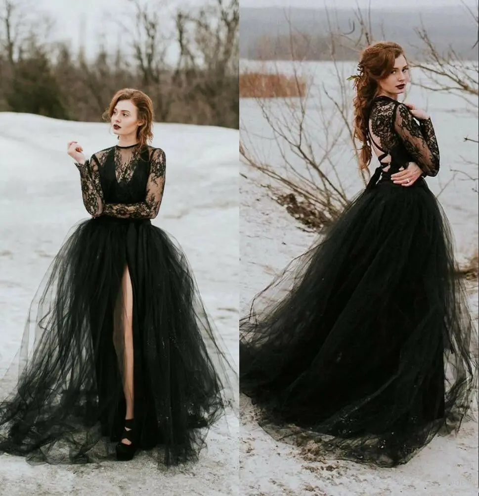 Gothic Bride Design Black Wedding Dresses Customized Lace Long Sleeve O Neck Backless A Line Bridal Gowns Vestido De Noiva