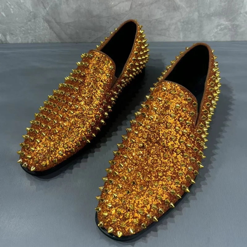 Fashion Gold Spike Loafers High Quality Sequin Shoes Men Rivet Shoes Luxury Men's Dress Shoes Slip On Party And Wedding Shoes