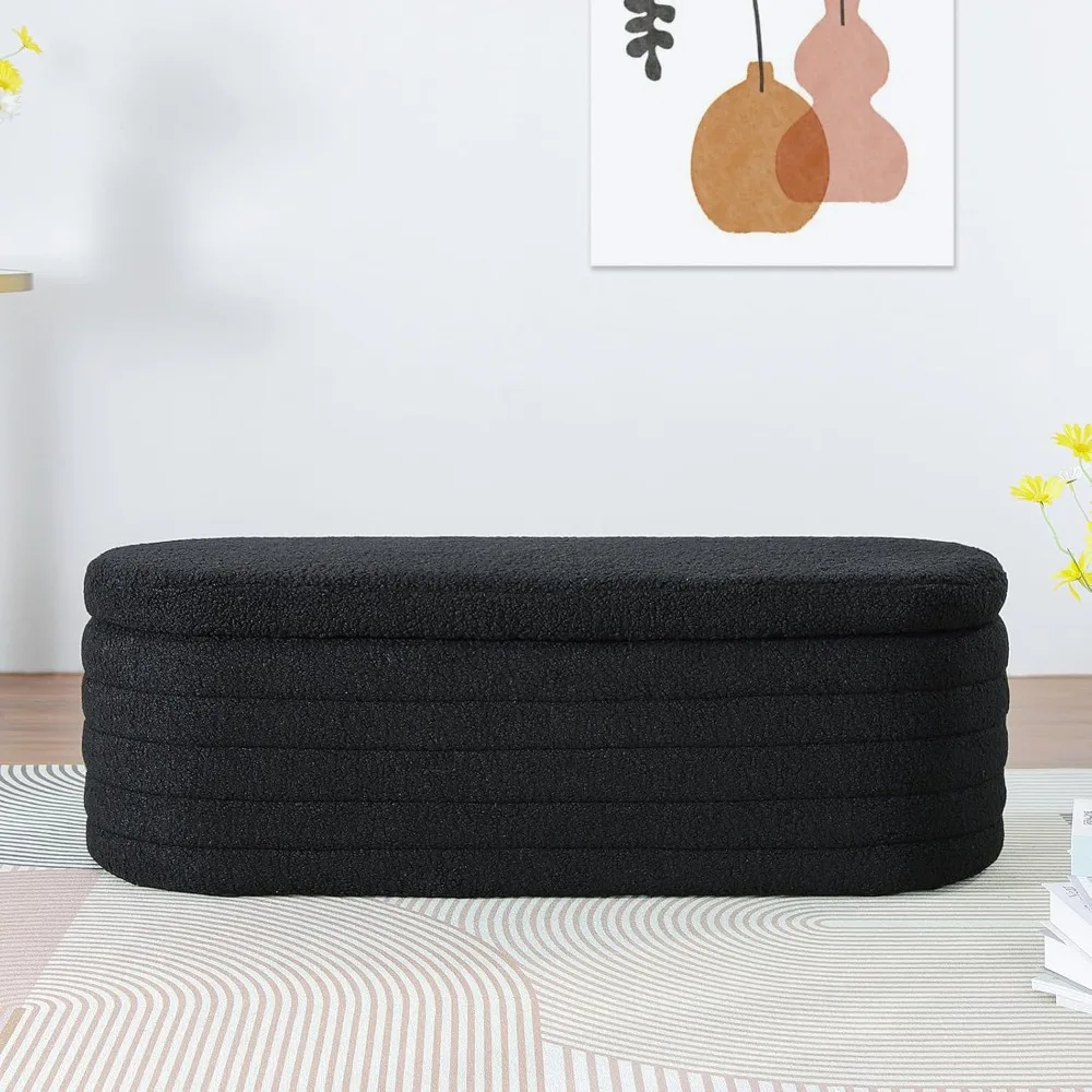 Sherpa Bedroom Storage Bench Boucle Black Ottoman with Storage Teddy Window Bench Oval Modern Bench for End of Bed