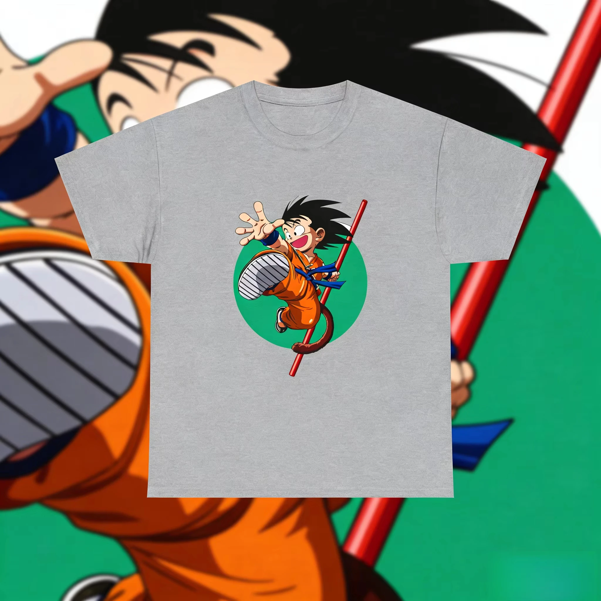 

2026Summer Dragon Ball Retro Cotton T-Shirt Oversized Unisex Kids & Adult Tee, Kid Goku with Power Pole Graphic Print Streetwear