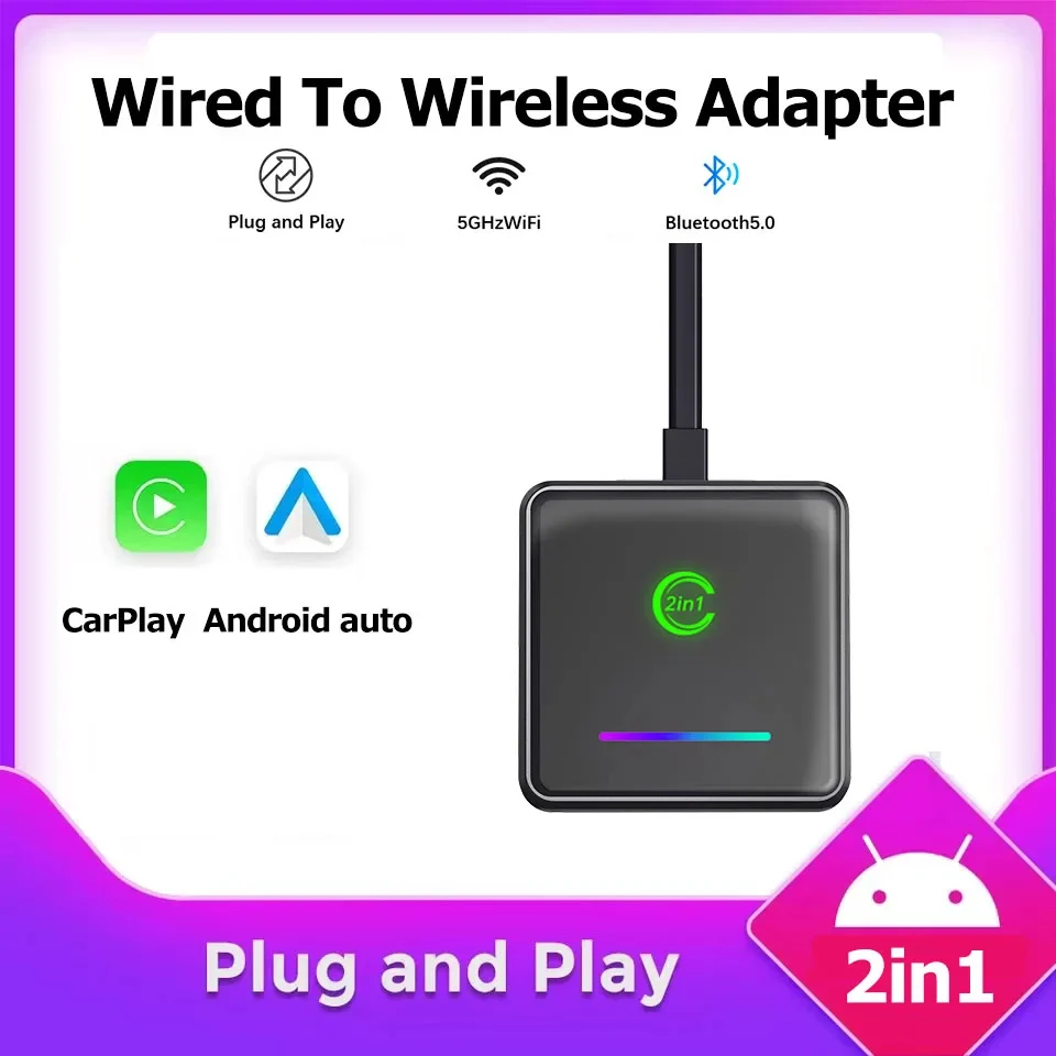 NEW 2in1 Wireless CarPlay Android Auto Wireless Adapter Smart Mini Box Plug And Play WiFi Fast Connect Universal for Car Wired