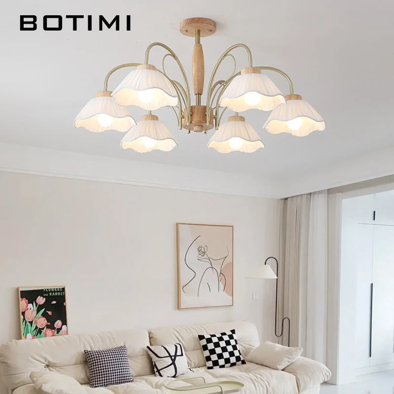 BOTIMI White Fabric Lampshades Chandelier Lighting For Living Room Solid wood Chandeliers Bedroom Lustres Wooden Hanging Lights