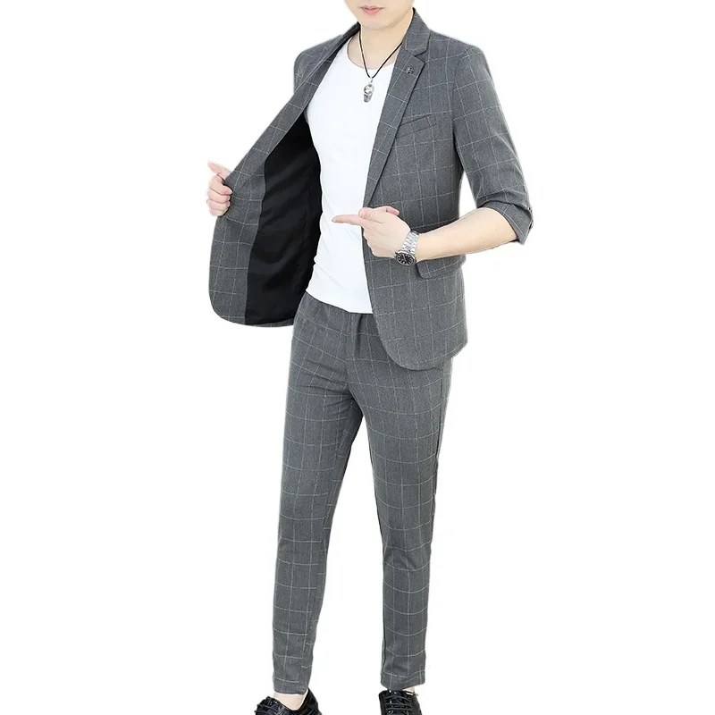 

Fashionable Men's Suit Set Spring Summer Trendy Mesh Comfortable Slim Fit One-button Suit Set [3/4 Sleeve Jacket + 9-Fold Pants]