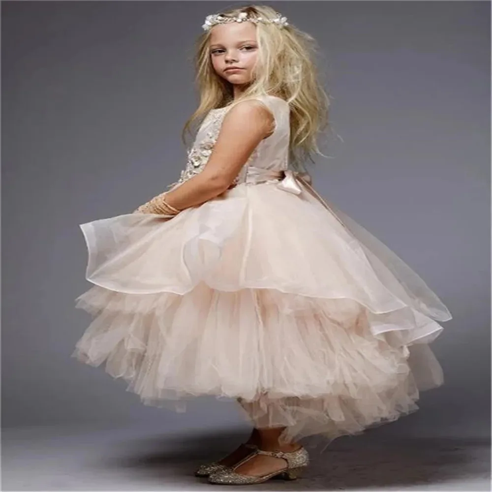 

Champagne Multi-Tiered Tulle Flower Girl Dress Princess Tea Length Pageant Gown Party Birthday Dresses with Ribbon 1-14Y