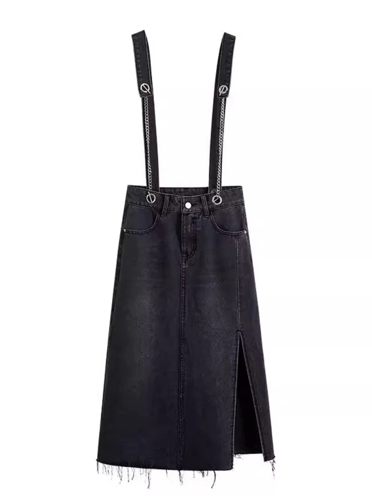 Large Size Women's 2XL-6XL Sweet Elegant Loose Split Denim Strap Dress Summer High Waist New A-line Fashion Versatile Dresses