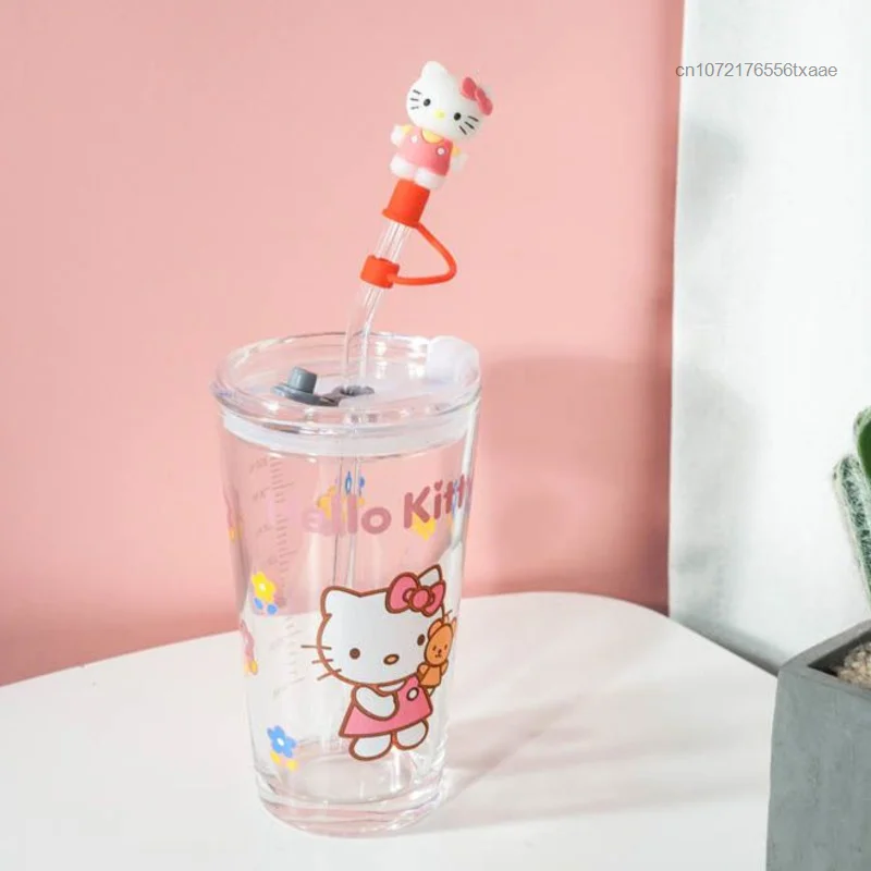 Sanrio Hello Kitty Aesthetic Straw Glass Cup Office School Home Cartoon Cute Tea Milk Coffee Mug With Lid Drinking Cups 450 ML