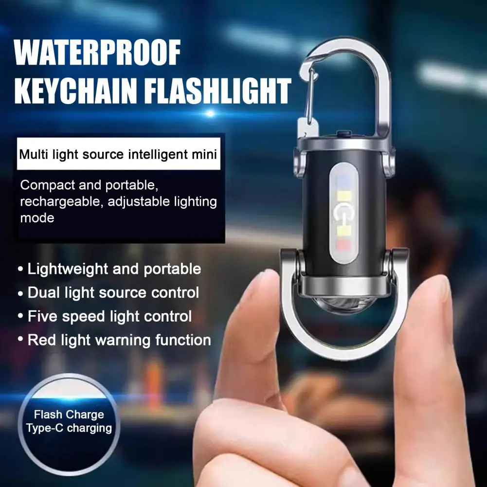 Rechargeable Keychain Light Dual Light Source Control Red Warning Lights Portable Keychain Flashlight Waterproof Light Key Chain