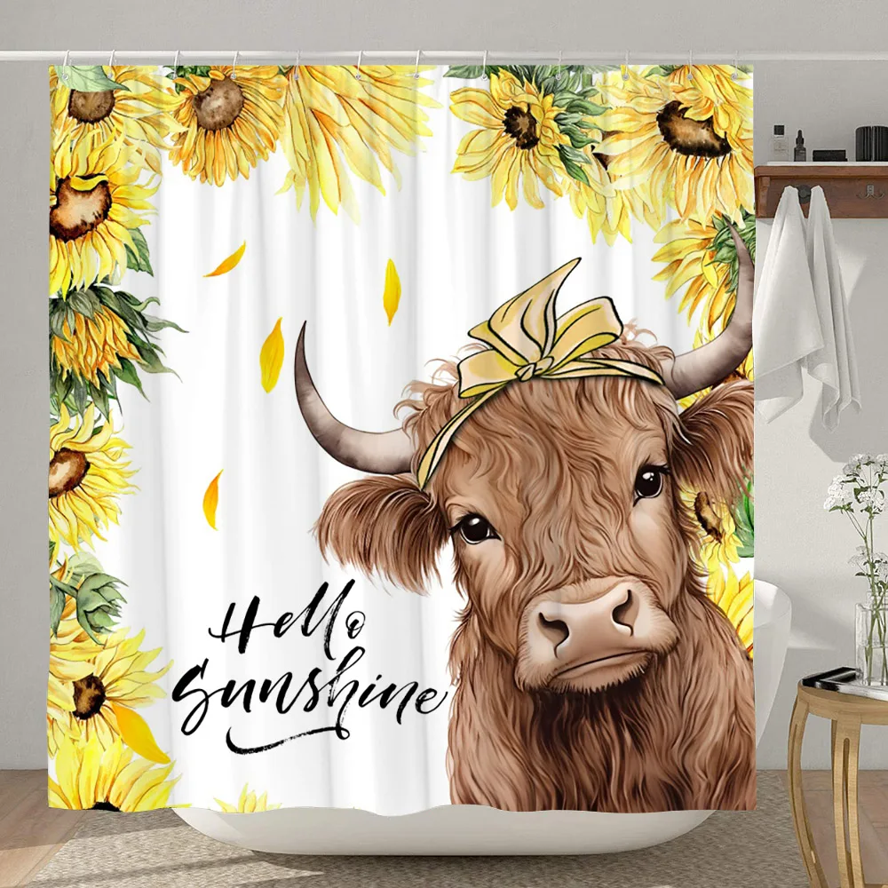 Highland Cow Shower Curtain Farmhouse Funny Bull Rustic Western Watercolor Spring Florral Cute Animal Plant Kids Bathroom Decor