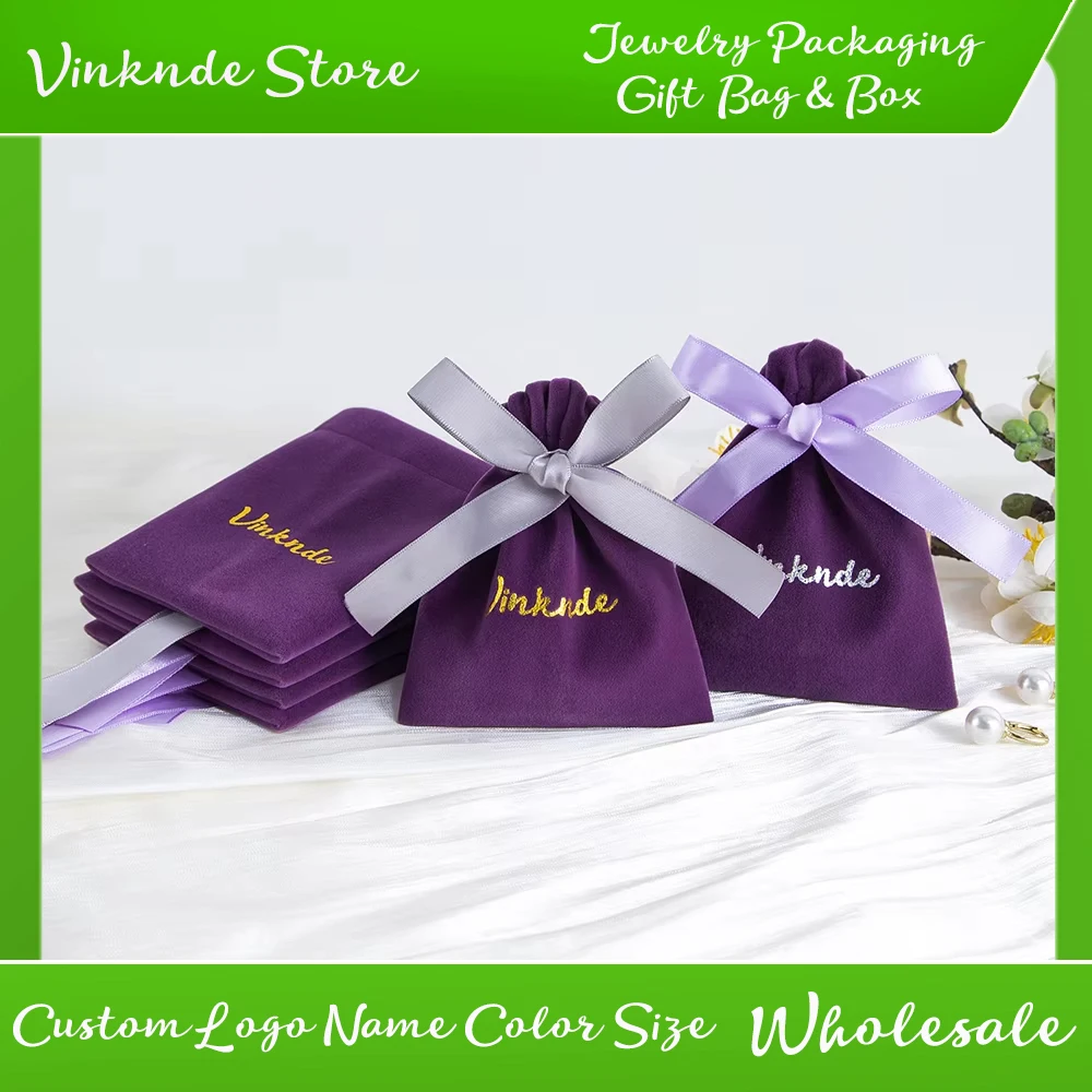 

Custom logo Luxurious Purple Thick Velvet Soft Pouches With Drawstring Jewelry Storage Perfume Packing Cosmetics Packaging Bags