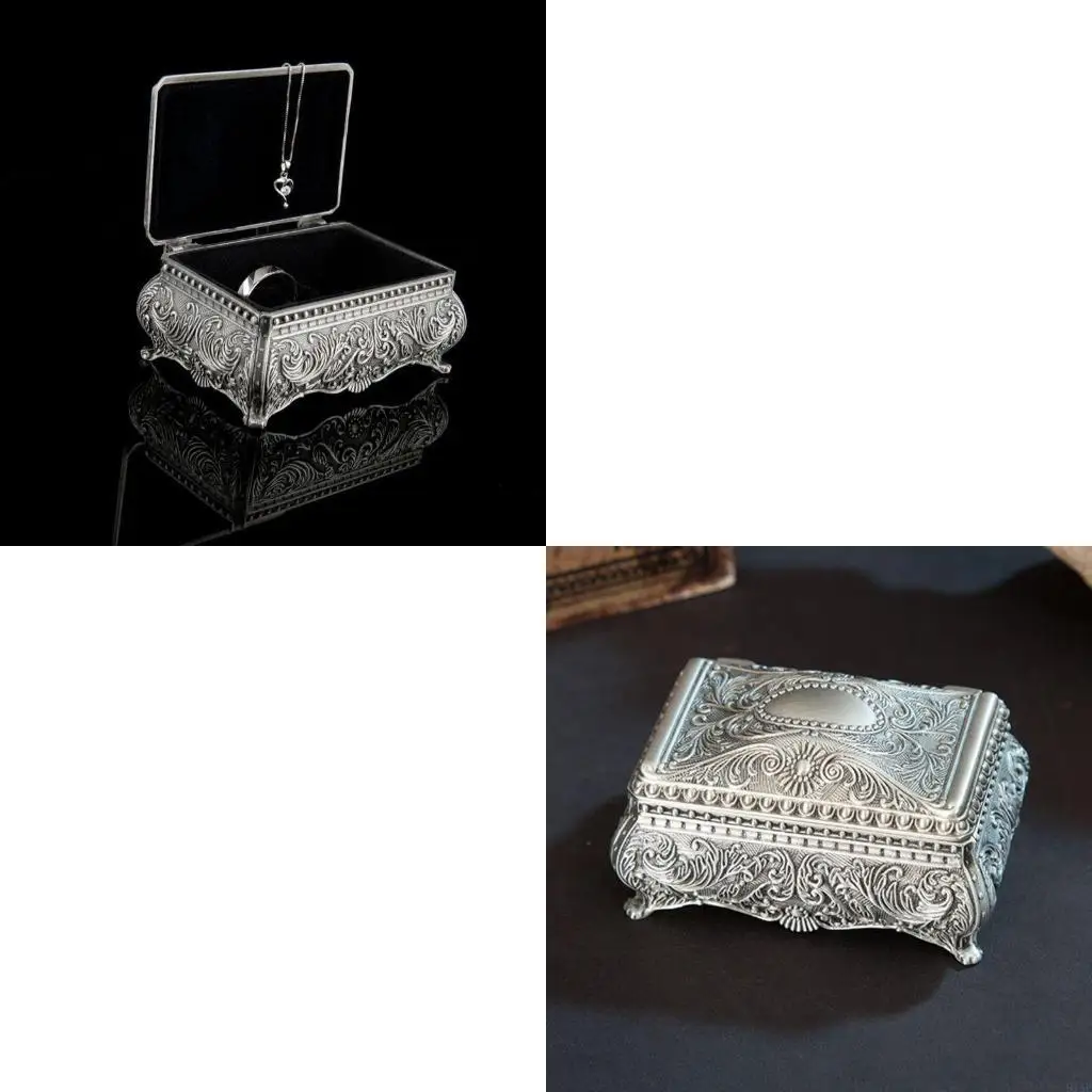

91AF Metal Jewelry Box with Floral Engraved Vintage Rings Earrings Necklace Trinket