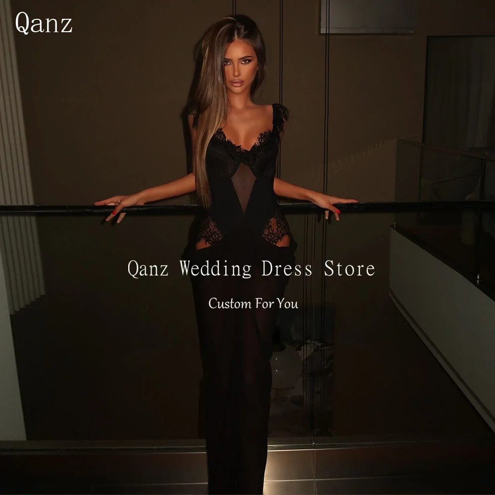 

Qanz Sexy Black Chiffon Evening Dresses Cap Sleeves Lace Mermaid Vestidos Para Mujer Backless Luxury Party Dress Customized