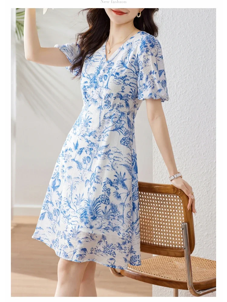 Vimly Lyocell Blend Blue Print Summer Dress for Women 2023 Short Puff Sleeve V Neck Holiday Chic Dress Female Vestidos V9530