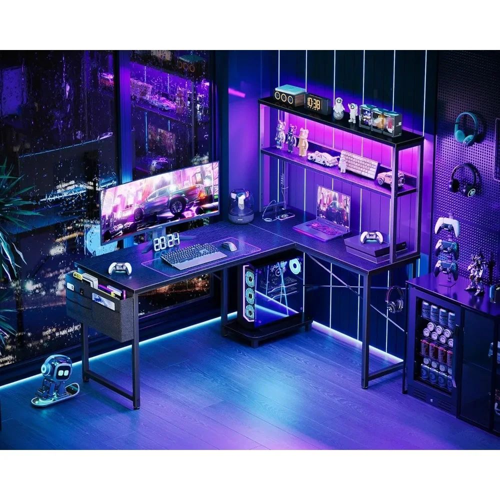 L Shaped Desk Gaming with LED Light & Power Outlet, 53 Inch Reversible L Shaped Computer with Shelf, Corner with