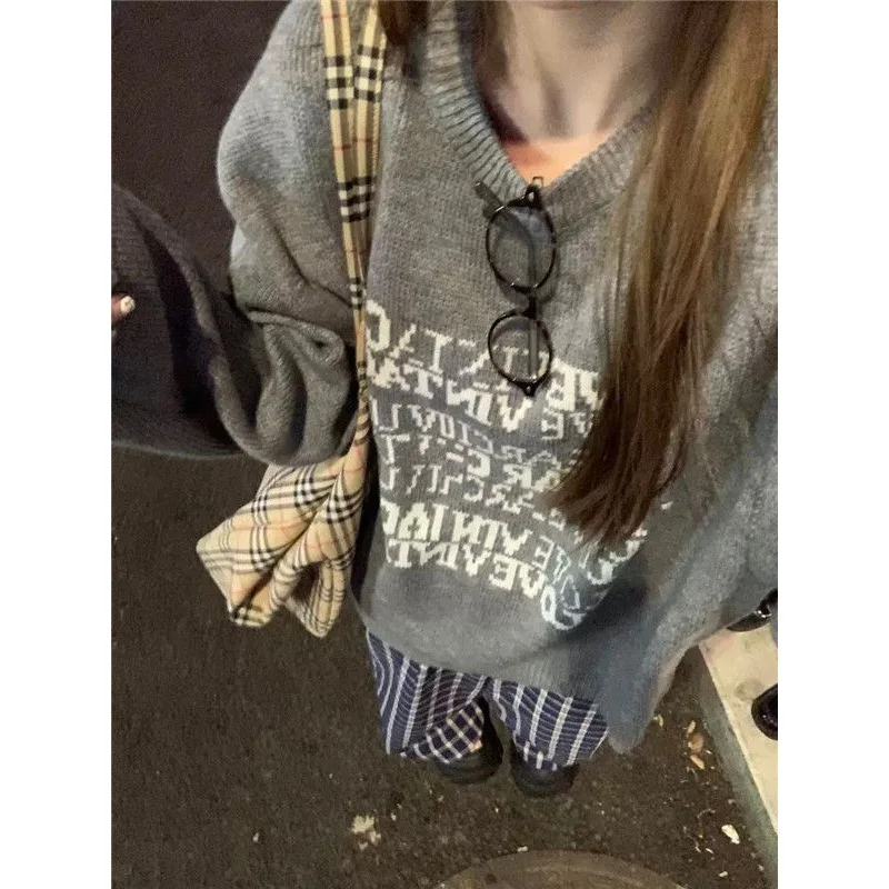 Women Print Sweaters Vintage Loose Round Neck Long Sleeve Knit Jumper Pullovers Spliced Casual Thick Warm Sweater Autumn Winter