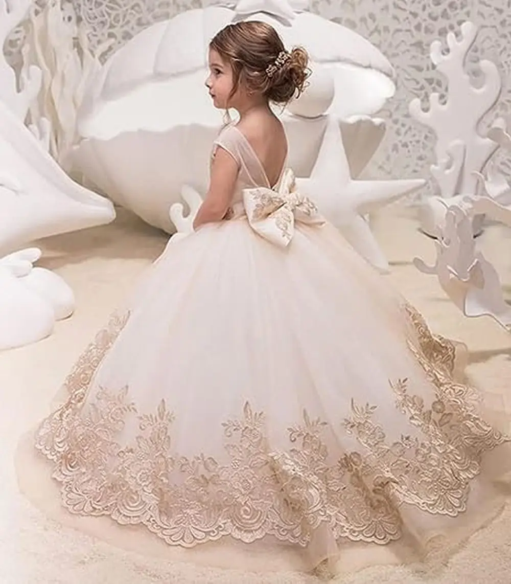 

Kids Champagne Lace Flower Girl Dresses Sheer Neck Puffy for Wedding First Communion Pageant Toddler Children Pageant Ball Gown