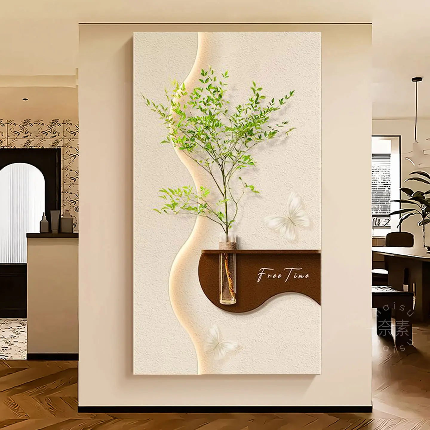 Entrance entrance decorative painting modern light luxury sandstone mural with lights corridor aisle DIY hydroponic green plant