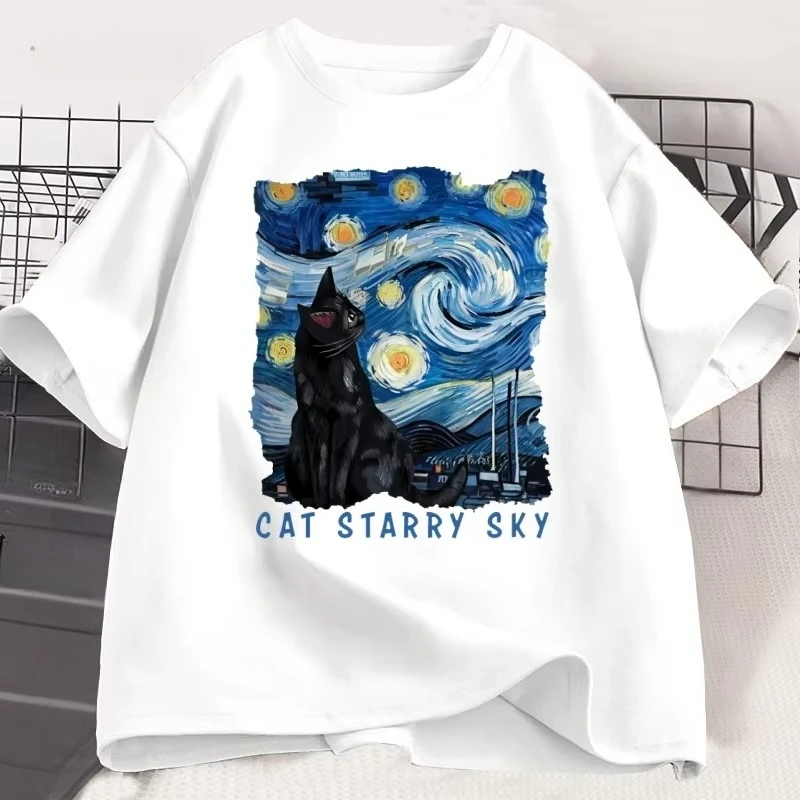 Camiseta Vintage con diseño de gato negro y cielo estrellado para mujer, camiseta informal de manga corta con cuello redondo, ropa con gráficos