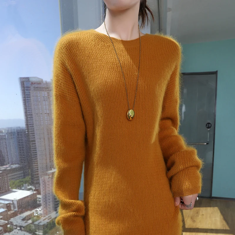 Vestido de camisola gola redonda feminino, 100% Mink Cashmere, vestido longo tricotado, moda romântica quente, todo o jogo, novo, outono e inverno