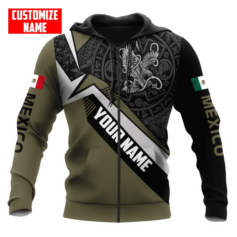 Mexico National Flag Printing Hooded Zip-Up Sweatshirts Fashion 3D Eagle Pattern Hoodies For Men Personalization Name Loose Tops